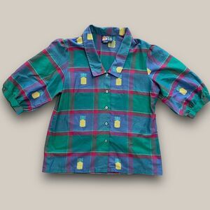 Womens Hawaiian Shirt Size 12 Large 1980s Puffy Sleeve Button Up Cheryl Tiegs